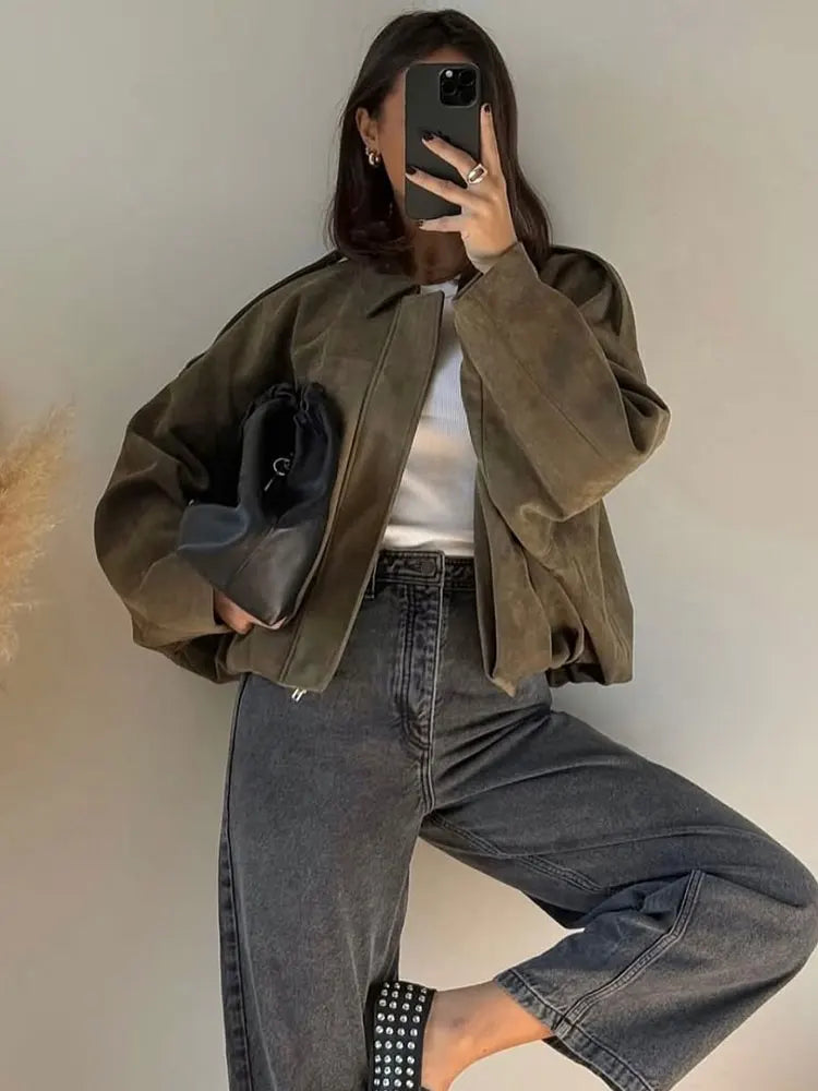 Women'S Brown Green Suede Jacket Loose Casual Bomber Coat Lapel Zipper Long Sleeve Jackets Vintage Lady Motorcycle Outwears