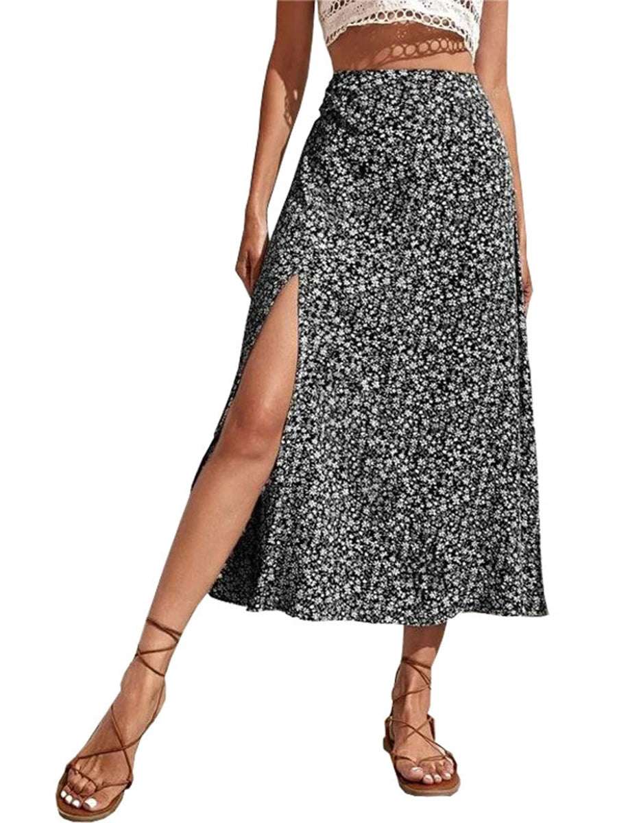 Women'S Floral Print Midi Skirt - Mid Waist A-Line With Side Slit For Spring Summer Casual Fashion
