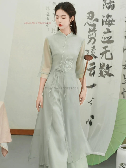 2026 vietnam vintage dress national flower embroidery chiffon qipao dress+pants set retro aodai elegant oriental banquet dress