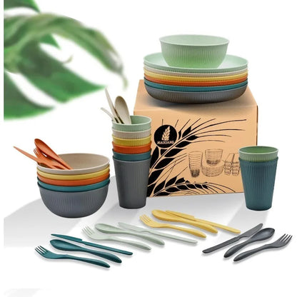 Wheat Straw Dinnerware Sets With Plates, Cups, Knives, Forks And Spoons Reusable Plates Dishwasher And Microwave