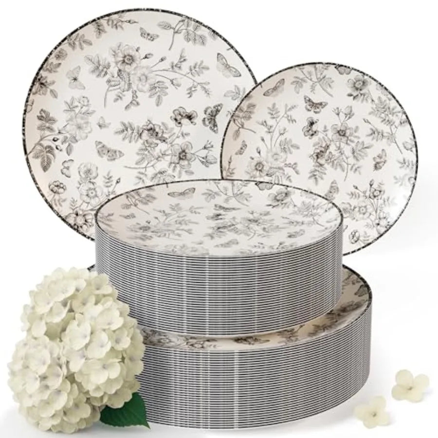 Disposable Plates For Party Supplies Black Floral Plastic Plates For Wedding 200 Pcs - 100 X 8 And 100 X 10 Dinner Plate Sets F