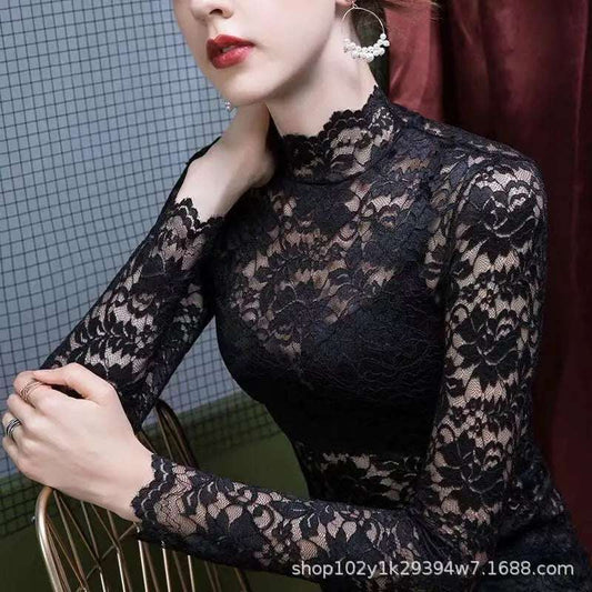 Half High Collar Lace Women Long Sleeve Undershirt Autumn Winter Gorgeous Mesh Hollow Out Floral Print Slim Fit Stylish Top