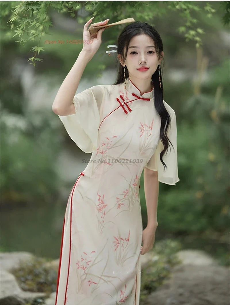 2025 vietnam traditional dress aodai chinese fairy qipao national flower print improved cheongsam oriental folk a-line dress
