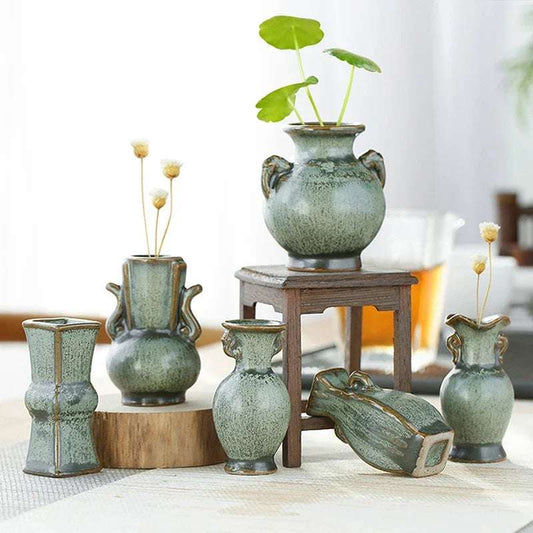 1PC Hydroponics Chinese-style Living Room Decoration Ceramic Small Vase Green Retro Flower Vase Crafts Tabletop Ornament Jar