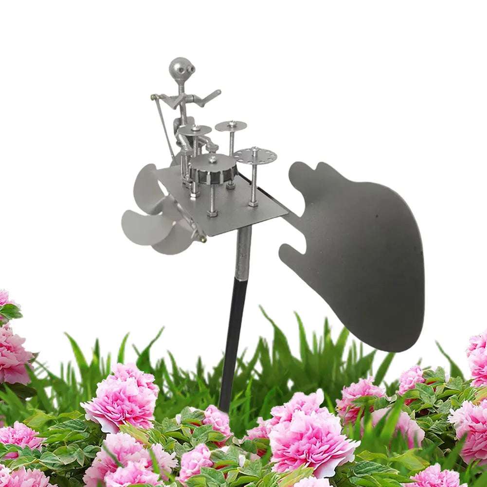 Decorative Wind Power Rock Art Statue Beat The Drums with The Wind Percussionist Music Figurines and Statues for Yard and Garden