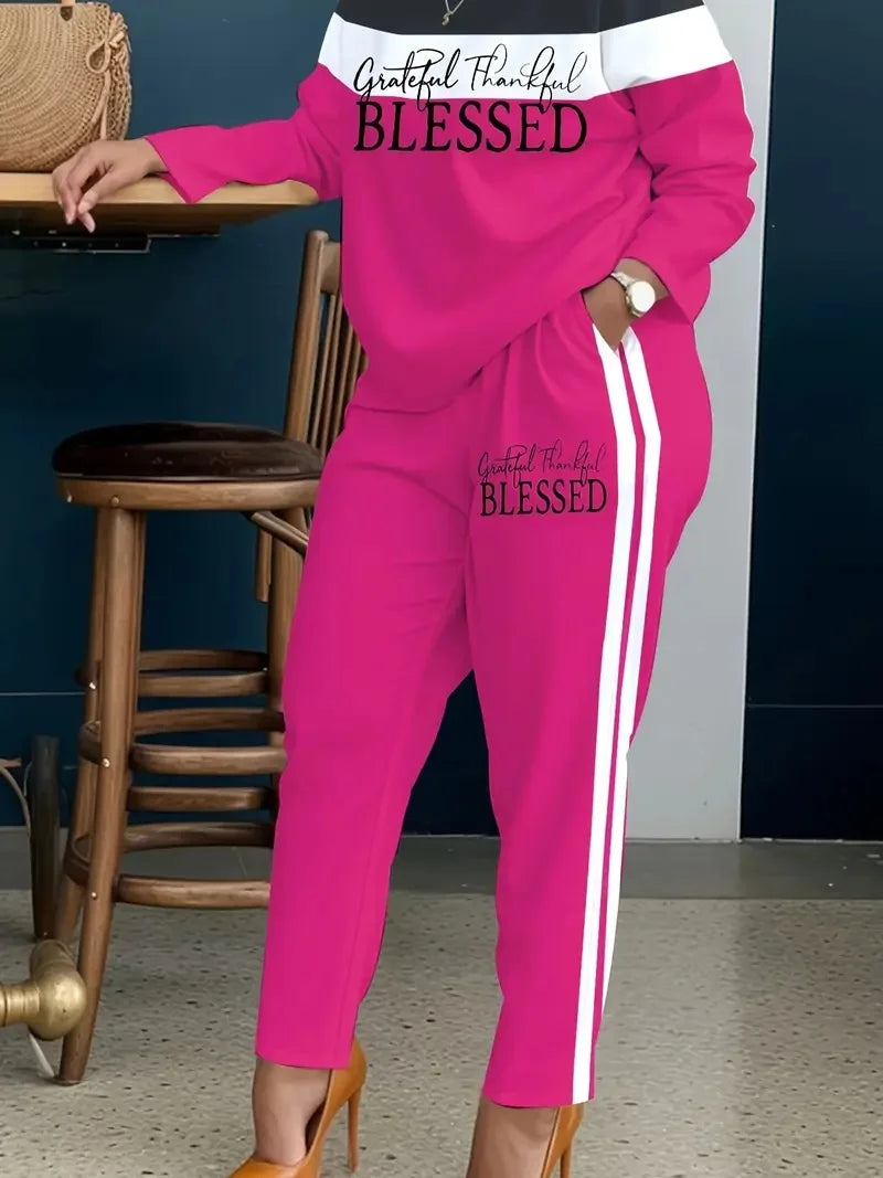 Plus Size Women'S Casual Suit, Fashionable Letter Print Striped Color-Blocked Two-Piece Set