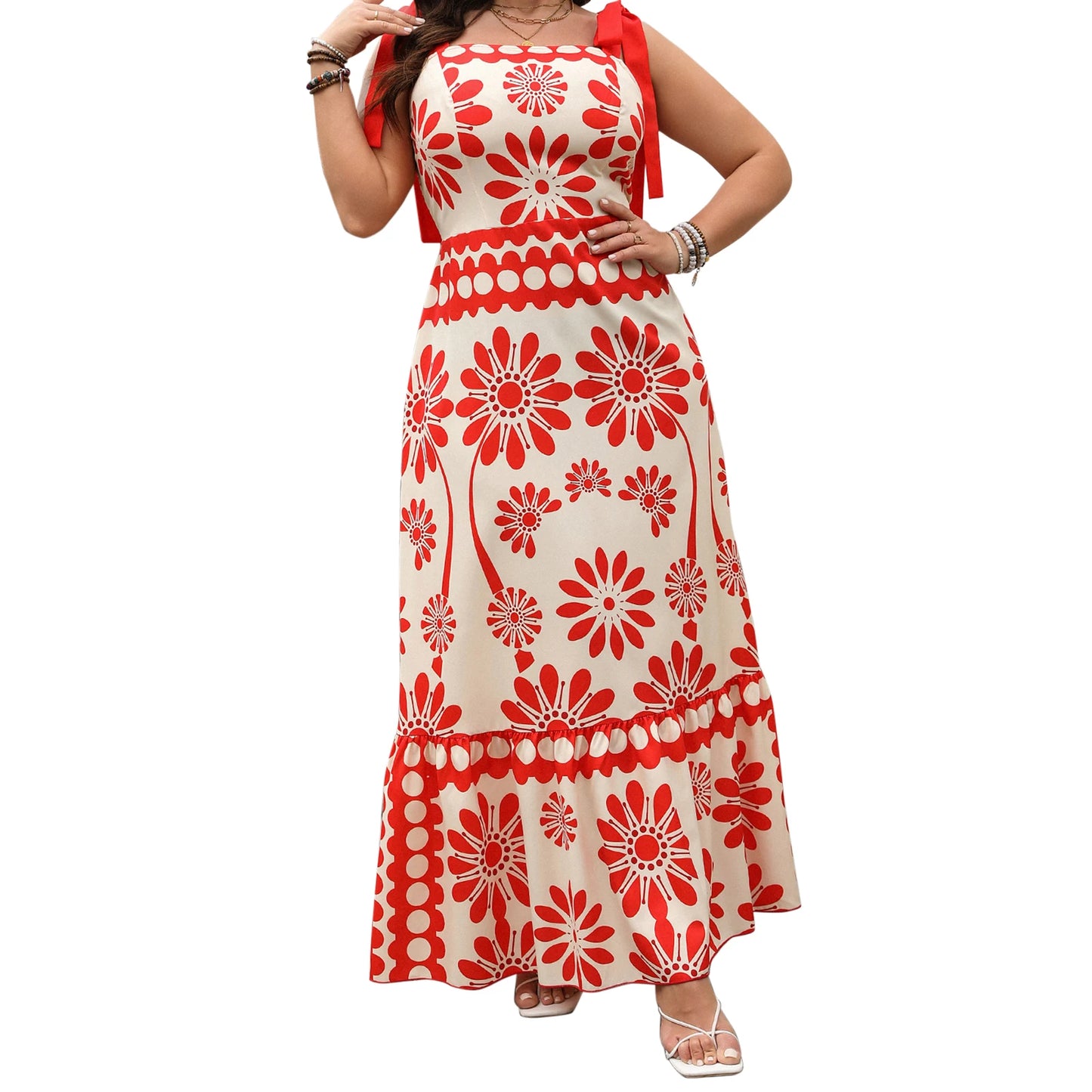 Elegant V-Neck Maxi Dress With Ruffle Hem And Adjustable Spaghetti Straps Summer Beach Boho Floral Print Dress