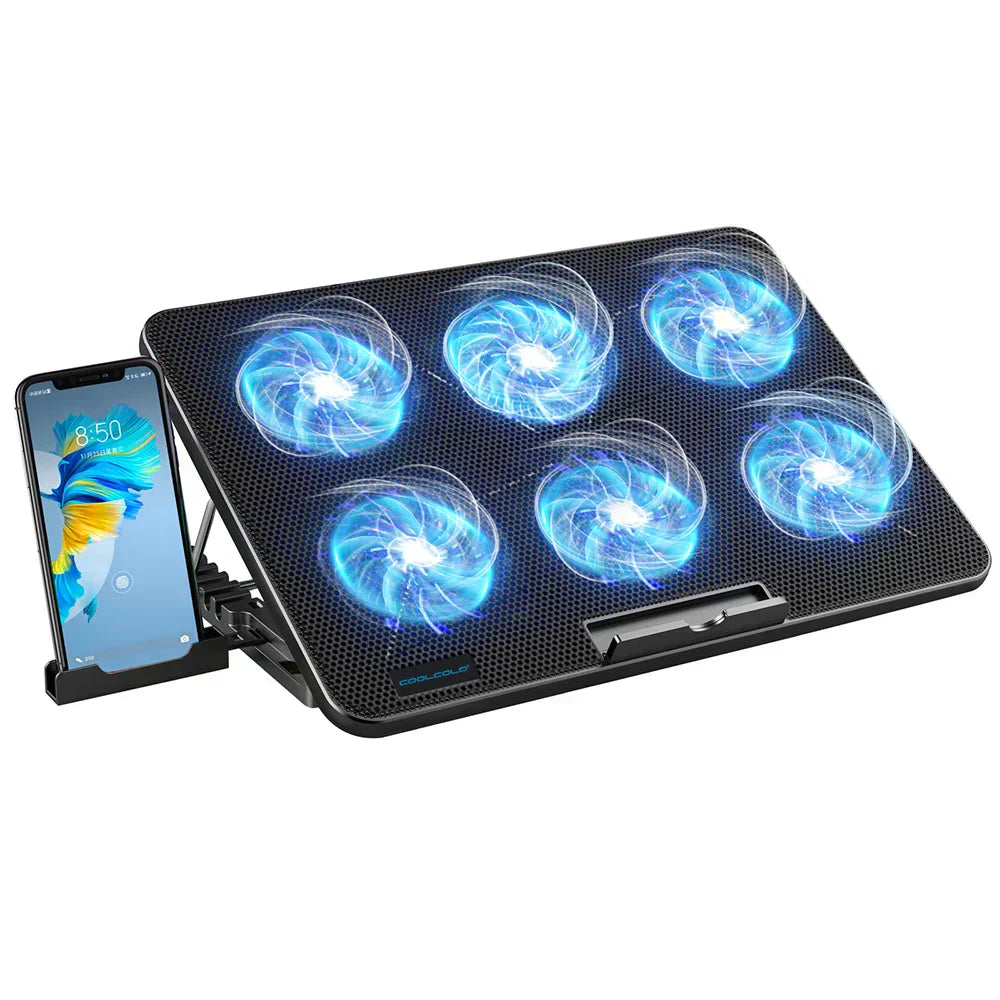 Coolcold 15.6-17.3" Laptop Cooling Pad With 6 Quiet Fans,7 Height Wind Speed Adjustable,Laptop Cooer With Mobile Phone Holder