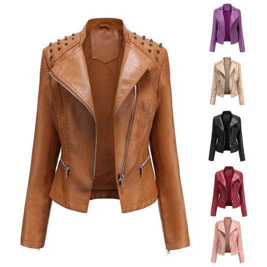 Faux Leather Jacket For Women 2023 Autumn WoMen's Moto Biker Zipper Jacket Red Black Rivet Punk Slim Coat Outerwear Casaco