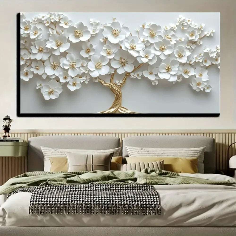 1 Nordic white flower oil painting on canvas, Modern art Deco wall painting 1.5 " thick pine solid wood frame