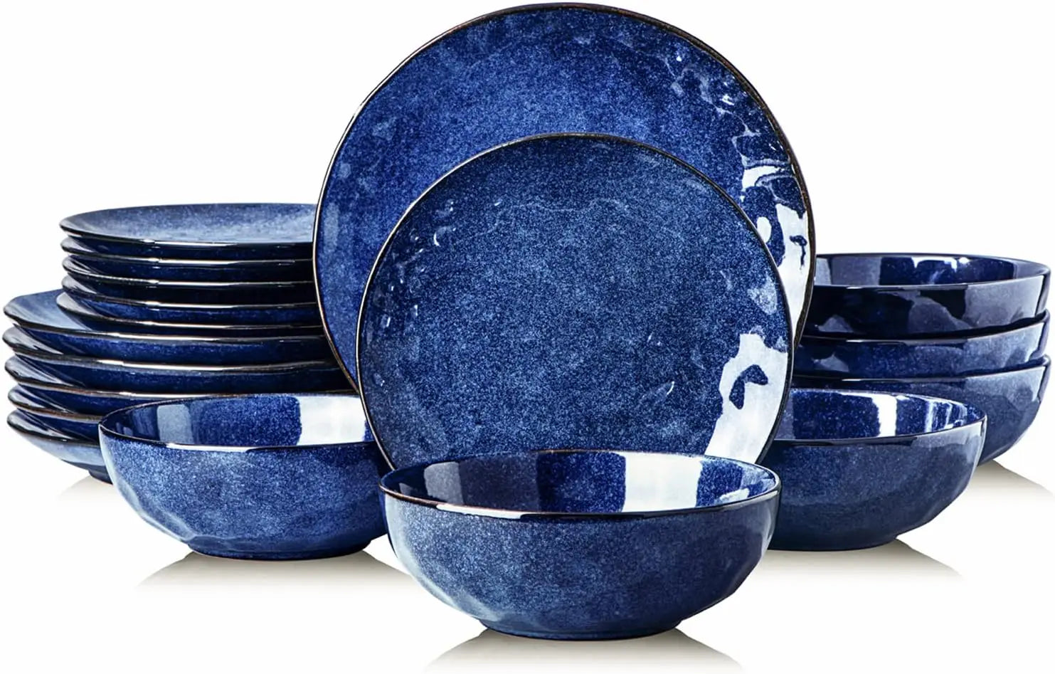 18-Piece Ceramic Dinnerware Set, Fluted Plates & Bowls, Microwave/Dishwasher Safe, Blue