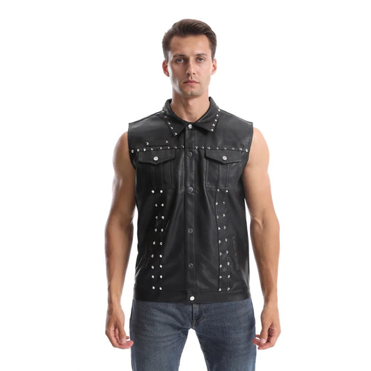 Men'S Fashion Punk Style Leather Vest With Rivet  Streetwear Faux Leather Waistcoat For Male Sleeveless Coat