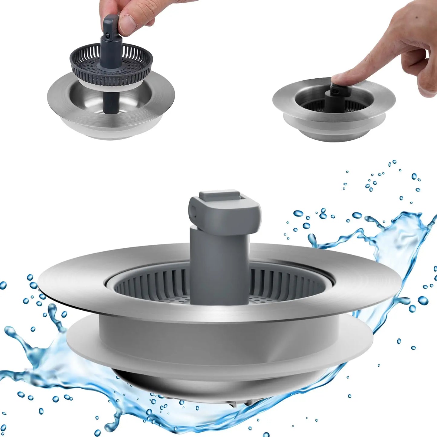 Upgraded 3 in 1 Kitchen Sink Drain Strainer and Stopper Combo, Stainless Steel Metal Pop Up Sink Stopper, Anti-Clogging Basket w