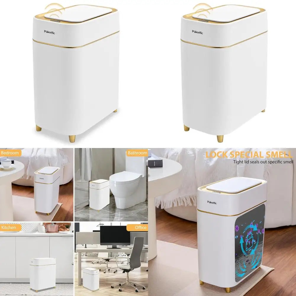 Touchless Sensor-Activated 2.3 Gallon Smart Trash Bin, Sleek White Gold, Ideal For Kitchen & Living Spaces