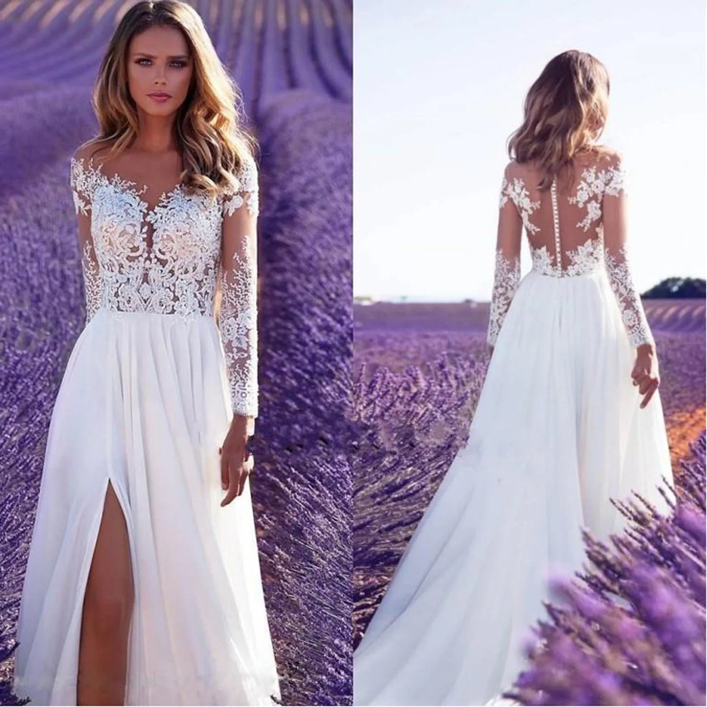 Lace See-Through Wedding Dress Long Sleeve Straight Shoulder Bridesmai