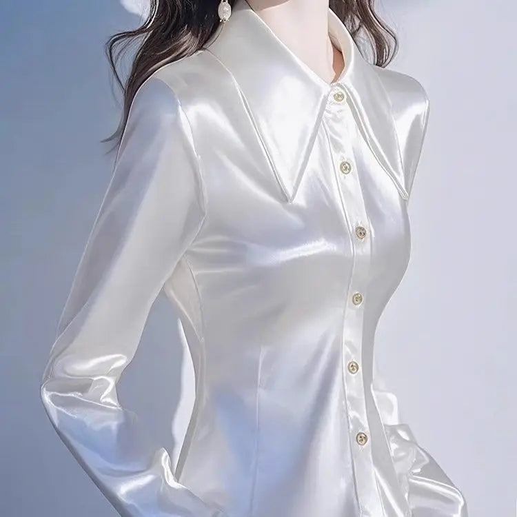 French Satin Turndown Collar Long Sleeved Shirt for WoMen's Spring New Chic Slim Waist Casual Blouse Top Camisas De Mujer