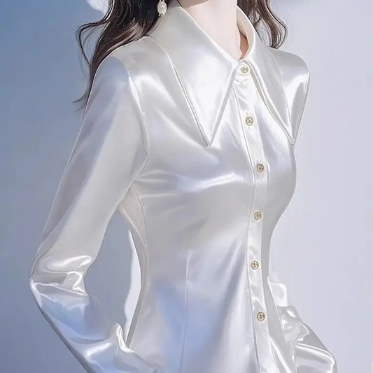 French Satin Turndown Collar Long Sleeved Shirt for Women'spring New Chic Slim Waist Casual Blouse USA Essentials Top Camisas De Mujer