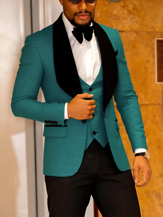 Men's 3 Piece Floral Tuxedo, Jacquard Slim Suit Set, Paisley Blazer Vest And Pants For Prom Wedding