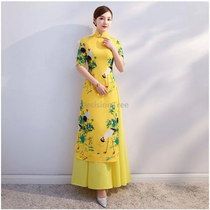 2025 New Women Vietnam Aodai Qipao Improved Stage Show Performance Garment Crane Printing Fashionable Fairy Daily Qipao