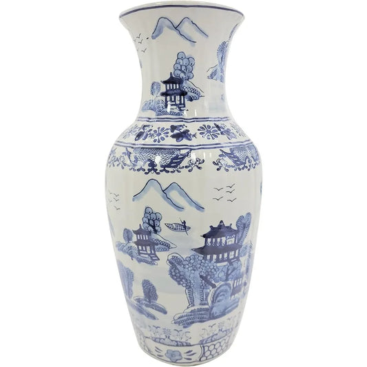 18" Blue and White Fishtail Style Ceramic Porcelain Vase Classic Temple Landscape Design Vases