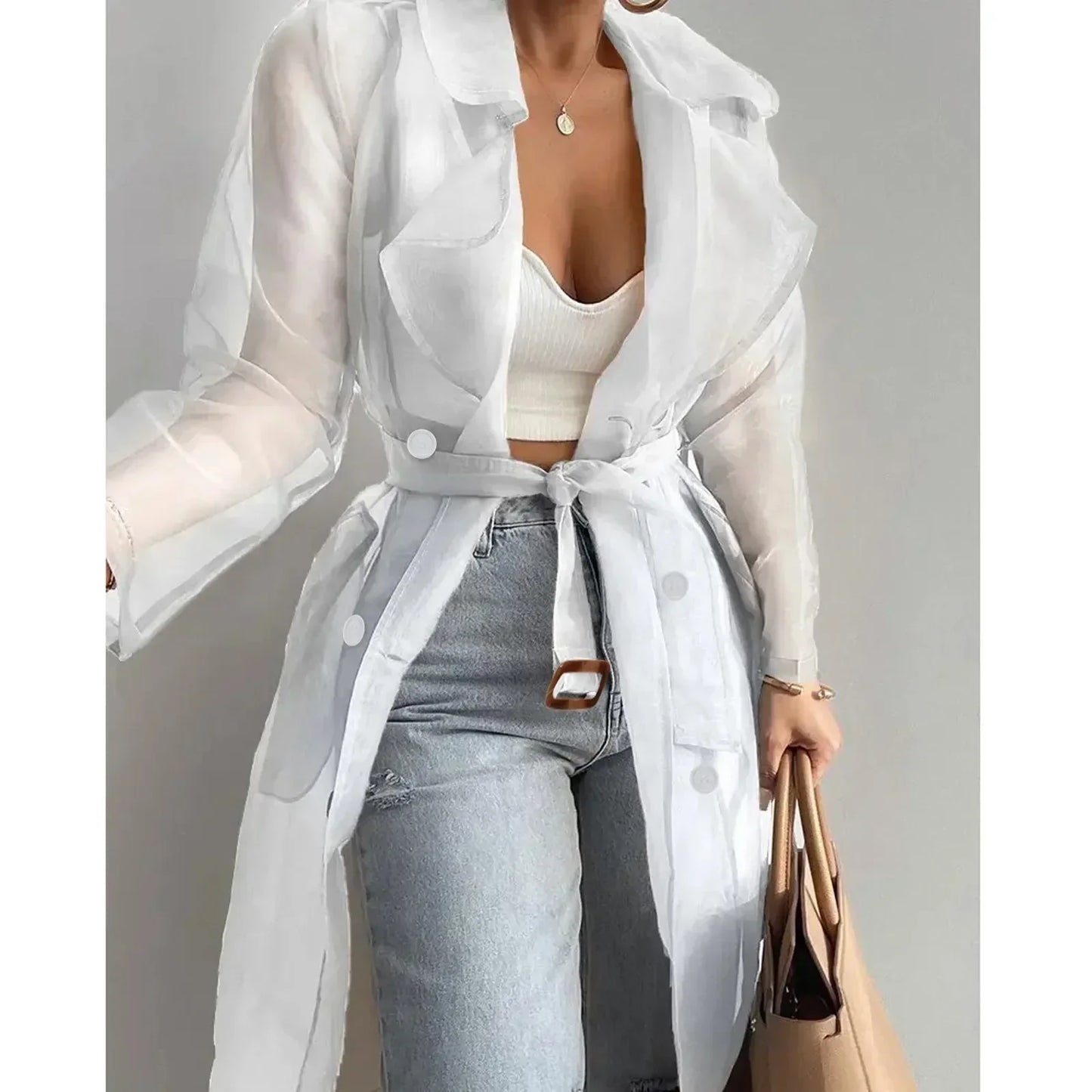 Jackets For Women Mesh Transparent Overcoat Long Sleeve Buttoned Coat With Belt Turndown Collar Light Weight Long Jackets