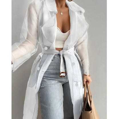 Jackets For Women Mesh Transparent Overcoat Long Sleeve Buttoned Coat With Belt Turndown Collar Light Weight Long Jackets