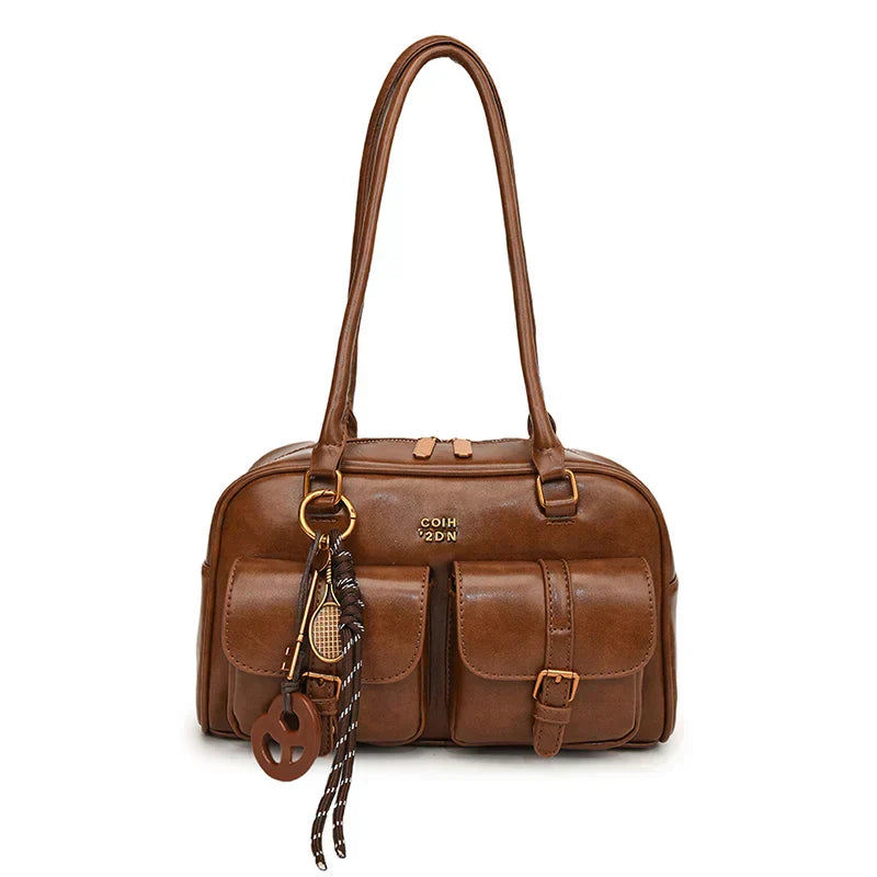 Women Solid Color Handbag With Pendant Retro Underarm Bag Pu Leather Vintage Armpit Bag Travel Shopping Date Handbag