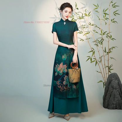 2026 Vietnam Traditional Ao Dai Dress National Flower Print Improved Cheongsam Oriental Aodai Qipao Party Banquet Evening Dress