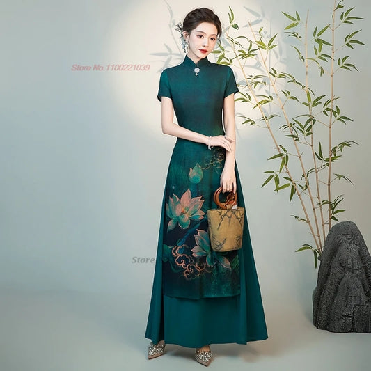 2026 vietnam traditional ao dai dress national flower print improved cheongsam oriental aodai qipao party banquet evening dress