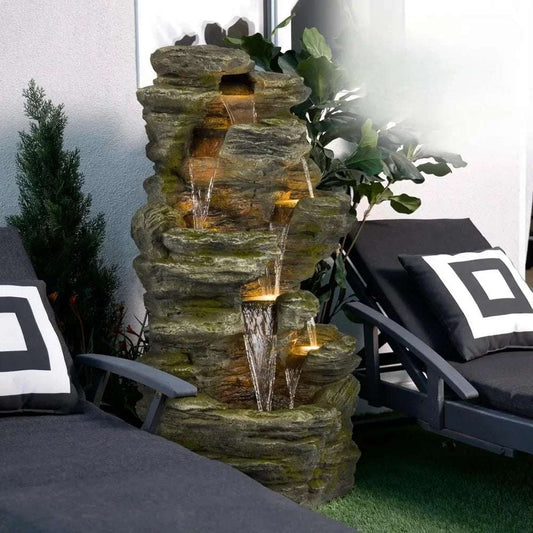 51 " layered rock fountain with LED lights, suitable for lawn gardens, outdoor ground waterfall rock fountains