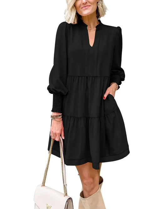 Summer Women Ruffle Tiered Dress Casual V Neck Fall Long Sleeve Tunic Dress Solid Color Mini Dress Loose Tunic Shirt Dress