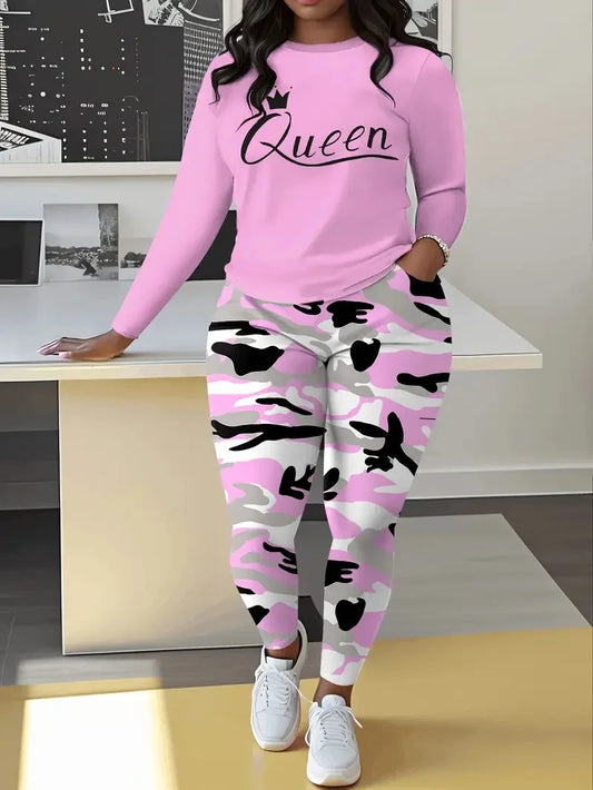 Plus Size WoMen's Casual Suit, Fashionable Printed Round Neck Long Pants Camouflage Pants Suit