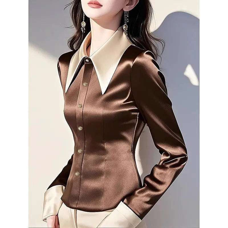 Lapel Satin Shirt for Women in Early Spring New Style Waist-closing Inner Layered Shirt
