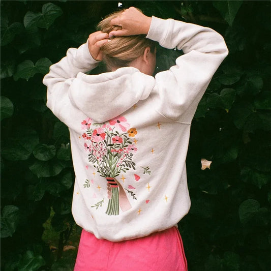 WoMen's Graphic Floral Print Hoodies Vintage Oversized Crew Neck Sweatshirt Teen Girls Loose Fit Pullover Top Streetwear