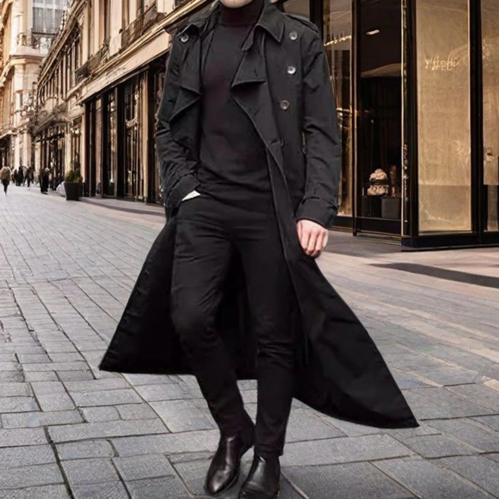 Fashion Men'S Autumn Long Coat Long Sleeve Lapel Solid Color Button Belted Windbreaker Jacket
