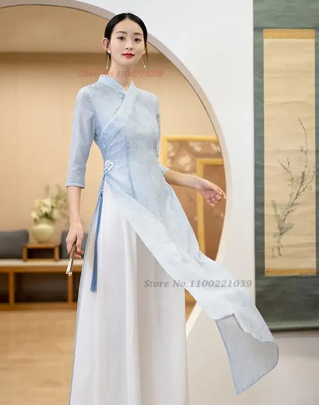2025 ao dai chiffon long aodai Women vietnam print flower cheongsam vintage mandarin collar  vietnam traditional dress