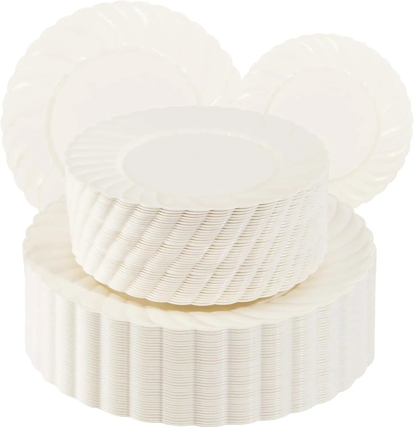 100 Pcs Ivory Scalloped Plastic Plates For Party, Wedding, And Events - Heavy Duty Disposable Dinner And Dessert Plates