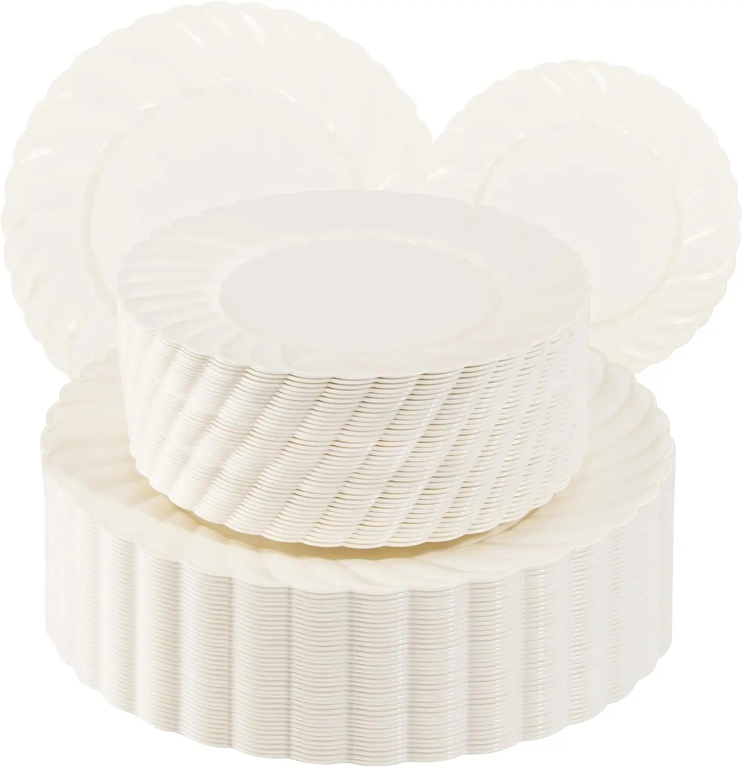 100 Pcs Ivory Scalloped Plastic Plates For Party, Wedding, And Events - Heavy Duty Disposable Dinner And Dessert Plates