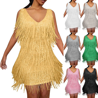 Sexy Tassels Sequin Cocktail Mini Dress Women Sleeveless V-Neck Robe P