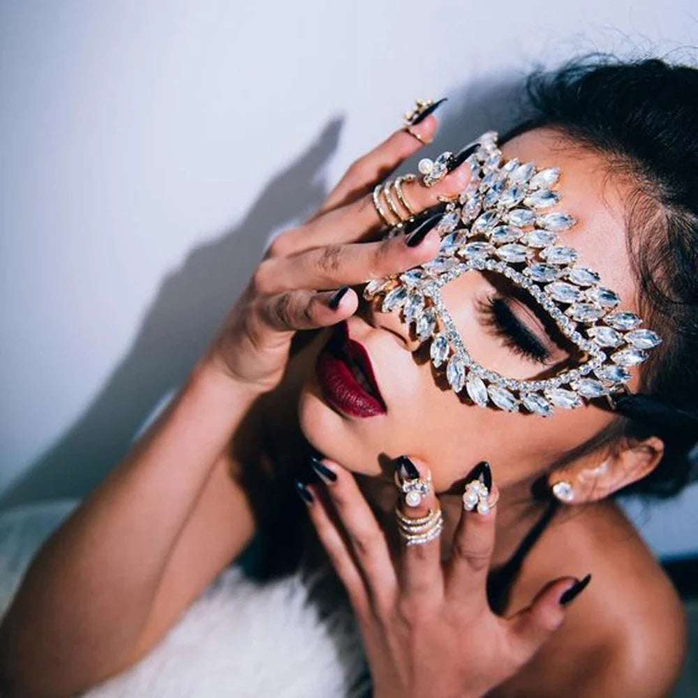 Women's Rhinestone Rave Mask Face Party Full Hair Accessories Costumes Carnival 2023 Designer Wedding Bride for Women's 2023
