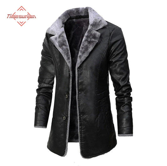 Winter Warm Fleece Leather Jacket Fashion Business Casual Middle Long Suit Collar Men's Windbreaker PU Leather Jacket Coats