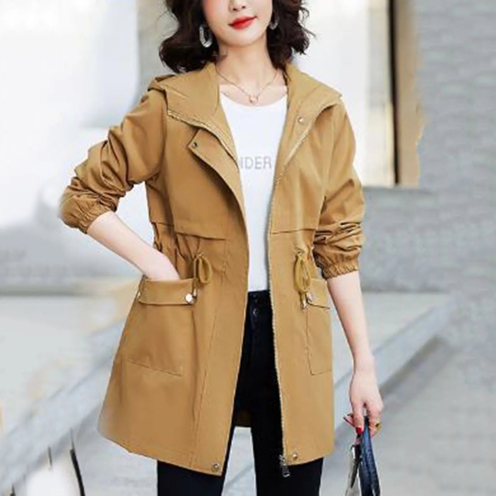 Hooded Mid-Length Trench Coats Fashion Drawstring Windproof Jackets Oversized Women Fashion Gabardina Spring Fall Slim Abrigos