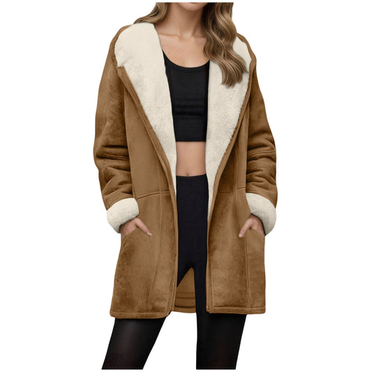 WoMen's Suede Leather Jacket Mid Length Solid Color Fleece Lined Overcoat Casual Hooded Faux Leather Fleece Coats Winter Outwear