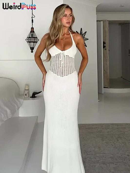 Weird Puss Crochet Sheer Women's Dress Halter V Neck Backless Bandage Elastic Sheath  Robe 2024 Summer Vacation Dating Bodycon