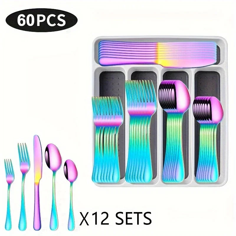 60 Pieces Cutlery Set With Drawer Storage Box Including Knives, Forks Spoons  Dishwasher Safe Suitable Dinnerware Set