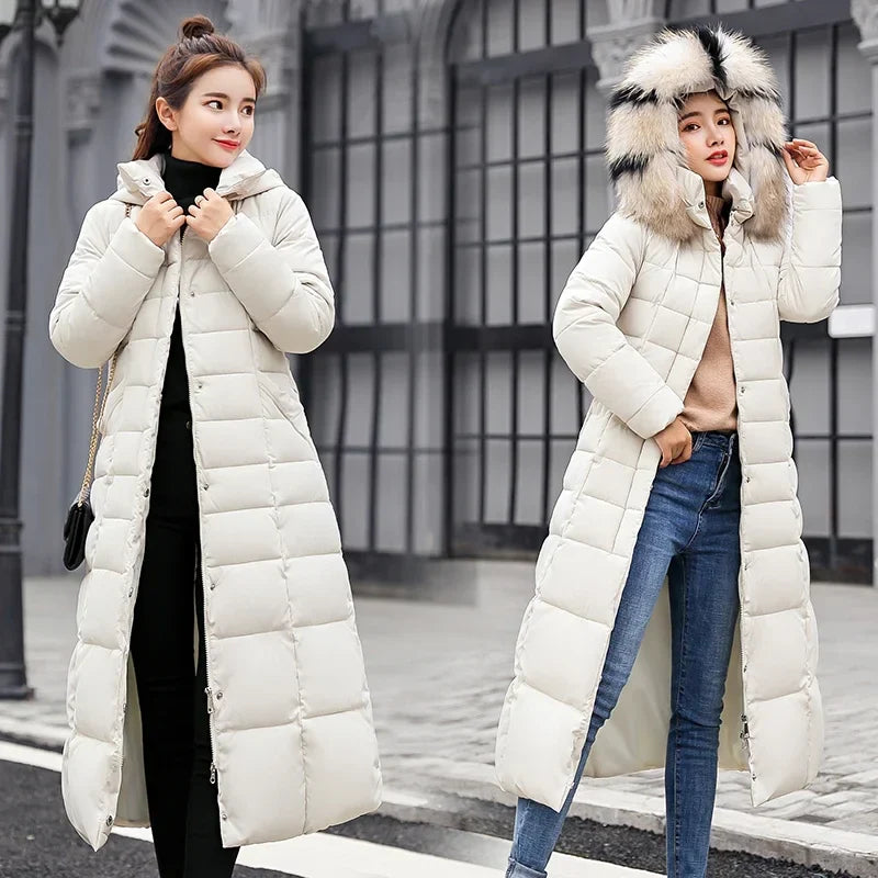 2025 Winter Women Jacket Warm Fashion Comfortable Bow Belt Fox Fur Collar Clothes Long Dress Office Casual Women Thick Coat