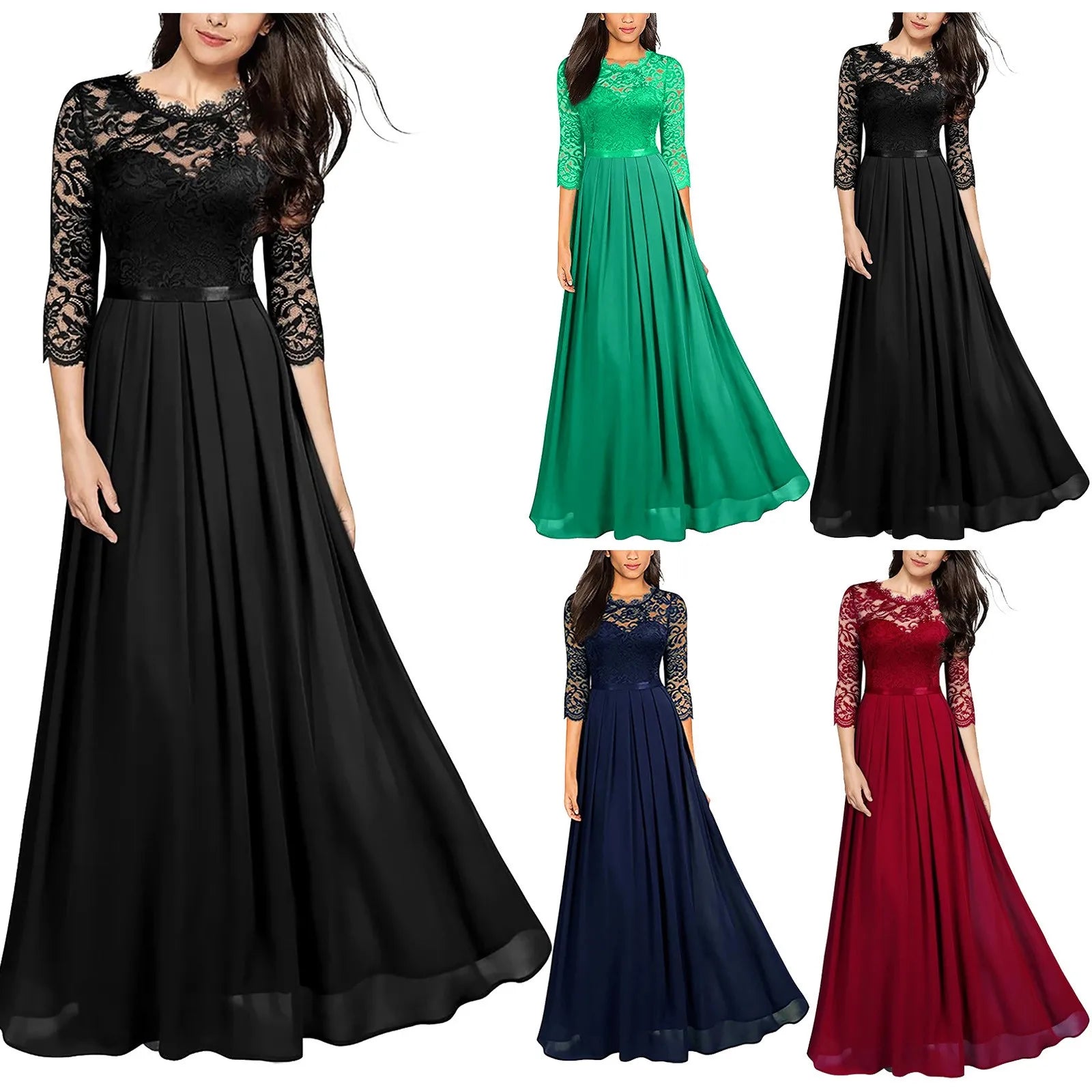 Women's Gorgeous V Neck Lace Chiffon Party Dress Spring Summer Solid Color