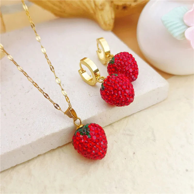 Heart Sweet Red Strawberry Earrings Necklace for Woman, Fruit Earrings, gifts for friends,Birthday Gifts