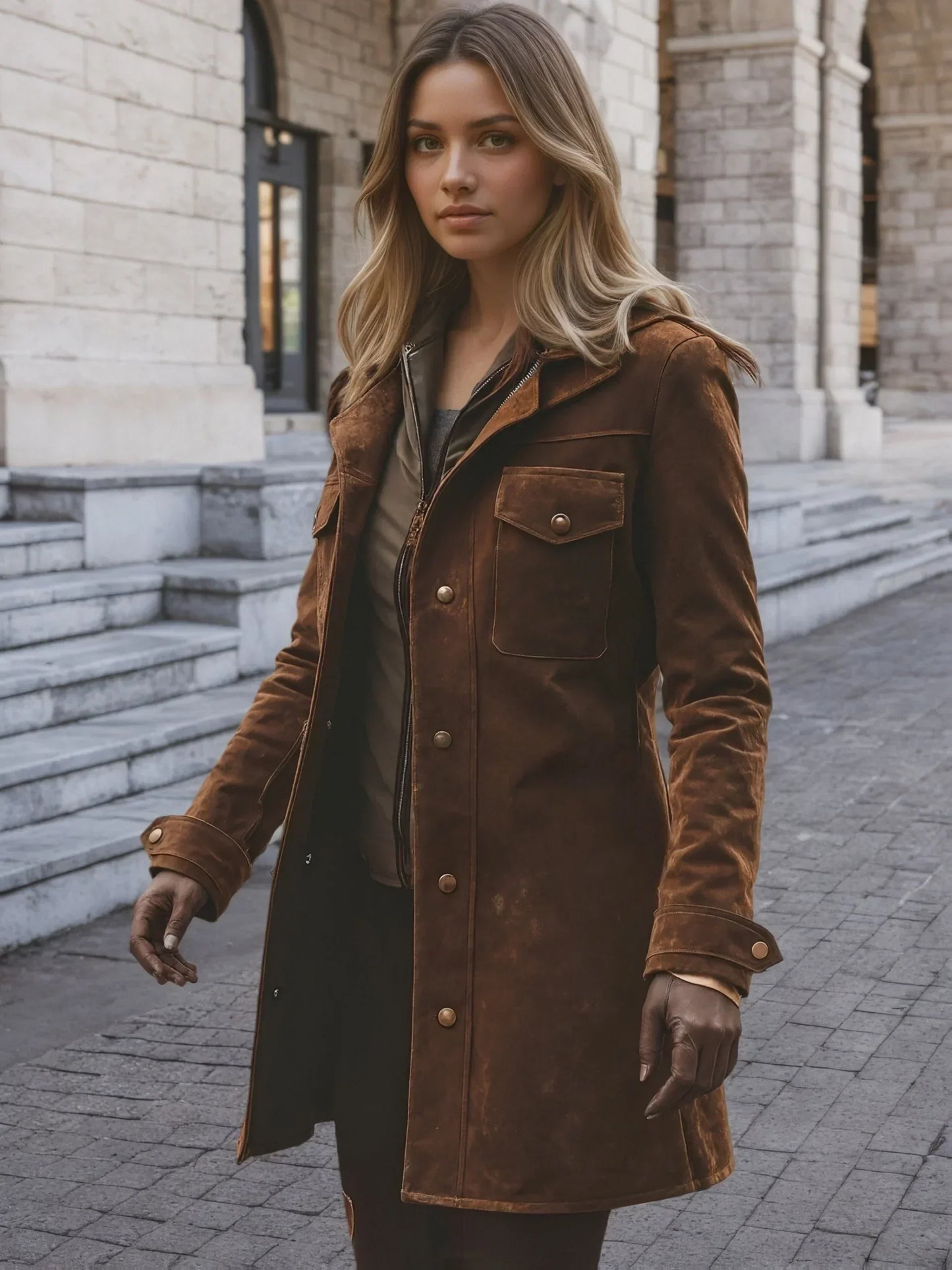 Women'S Vintage Suede Windbreaker Jacket  Notch Collar Mid-Length Coat With Patch Pockets