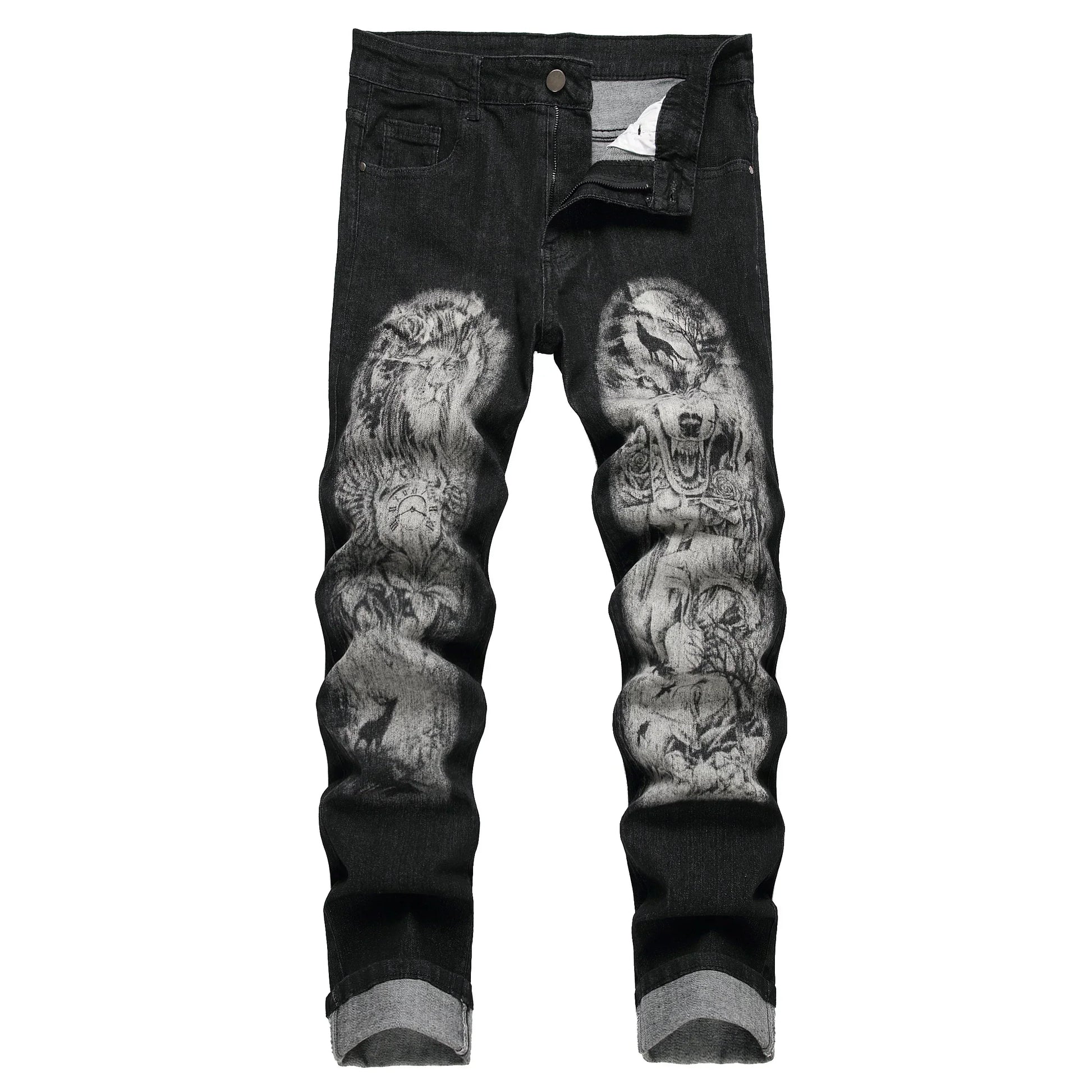 Men's black print pants, Men's print wolf head pattern jeans, Stretch blue jeans 90035